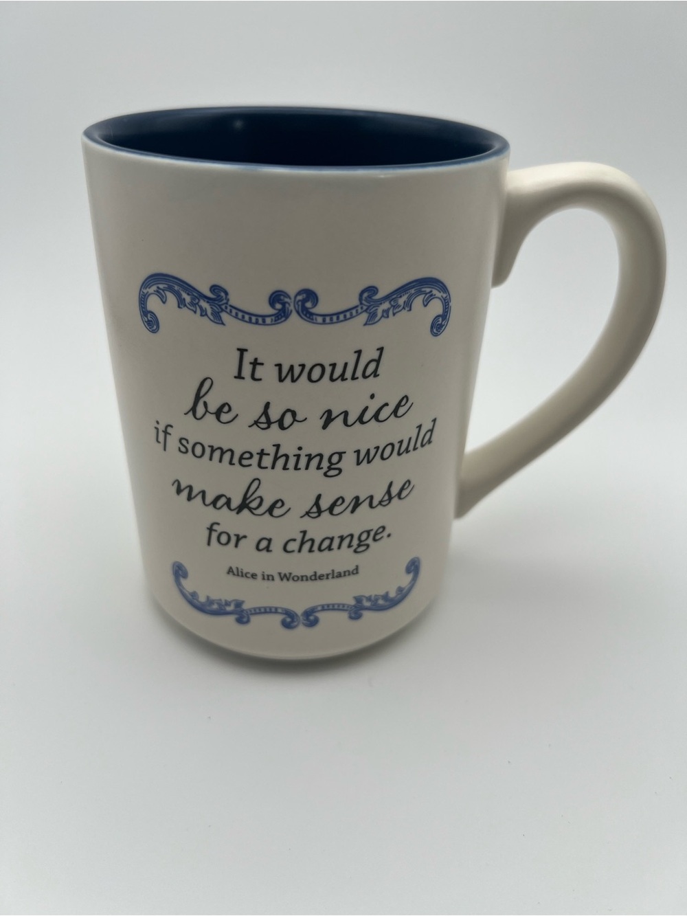✨Hallmark Disney Alice In Wonderland Quote Coffee Mug Cream Blue Inside
